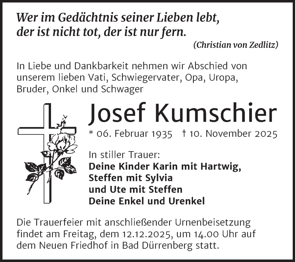  Traueranzeige für Josef Kumschier vom 29.11.2025 aus Trauerkombi Merseburg