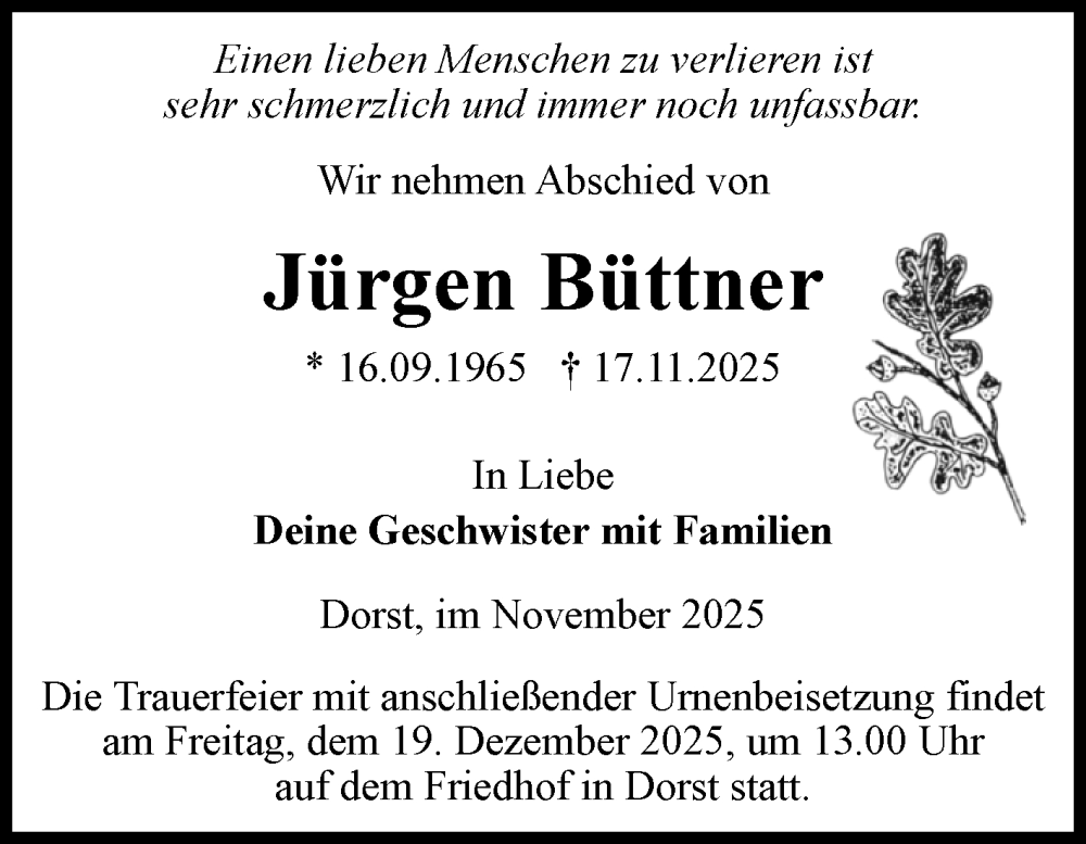  Traueranzeige für Jürgen Büttner vom 29.11.2025 aus Volksstimme Haldensleben/Wolmirstedt