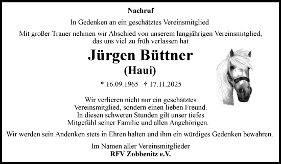 Traueranzeige von Jürgen Büttner von Volksstimme Haldensleben/Wolmirstedt