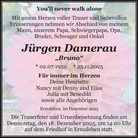 Traueranzeige von Jürgen Damerau von Trauerkombi Aschersleben