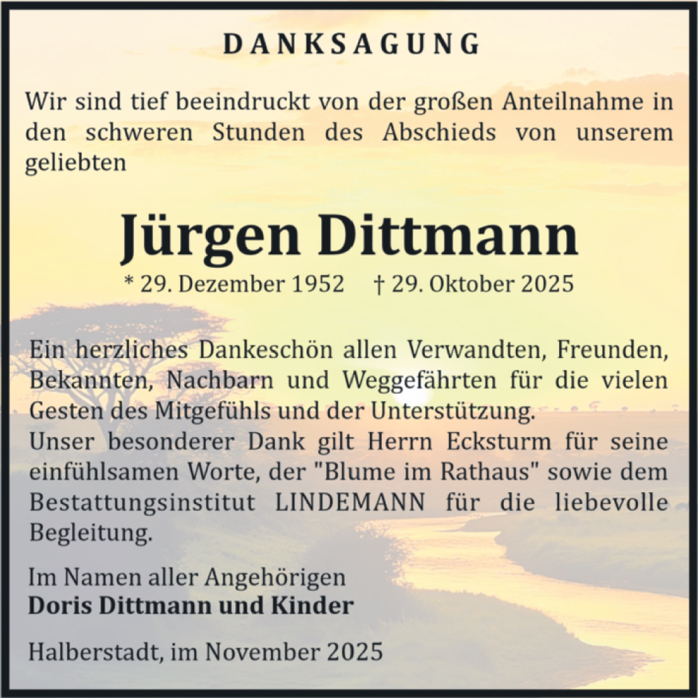  Traueranzeige für Jürgen Dittmann vom 29.11.2025 aus Volksstimme Halberstadt