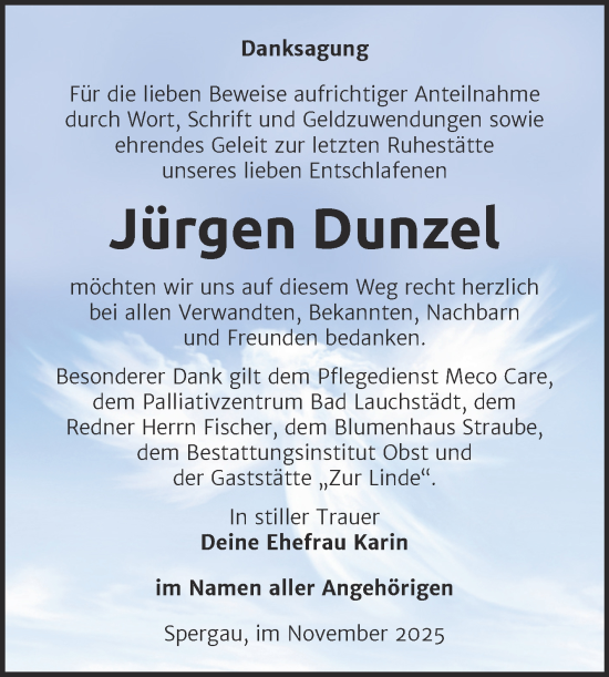 Traueranzeige von Jürgen Dunzel von Trauerkombi Merseburg
