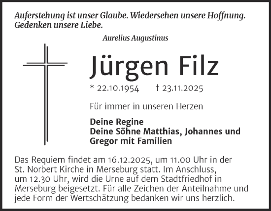 Traueranzeige von Jürgen Filz von Trauerkombi Merseburg