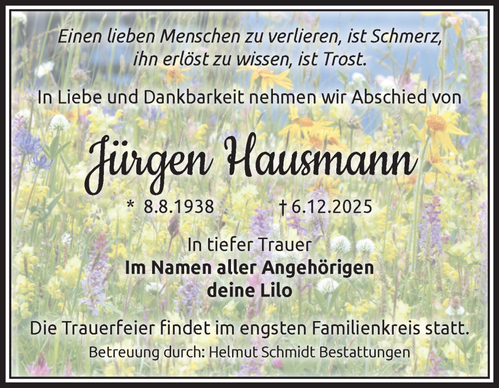  Traueranzeige für Jürgen Hausmann vom 13.12.2025 aus Volksstimme Magdeburg