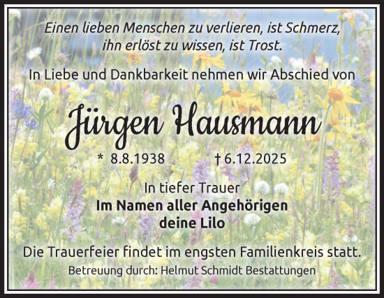 Traueranzeige von Jürgen Hausmann von Volksstimme Magdeburg