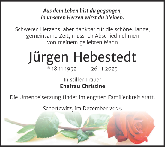 Traueranzeige von Jürgen Hebestedt von Trauerkombi Köthen