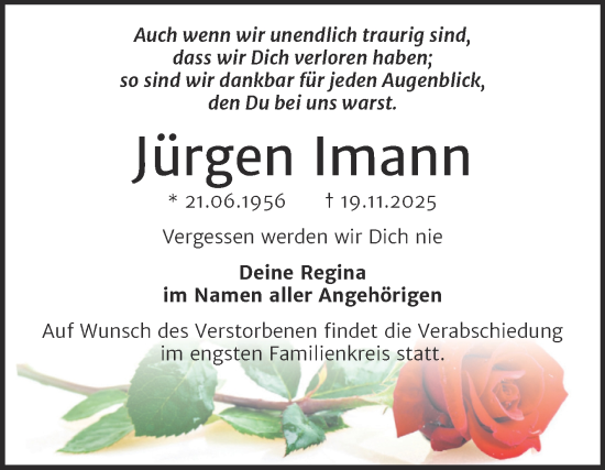 Traueranzeige von Jürgen Imann von Trauerkombi Sangerhausen