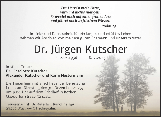 Traueranzeige von Jürgen Kutscher von Mitteldeutsche Zeitung Köthen