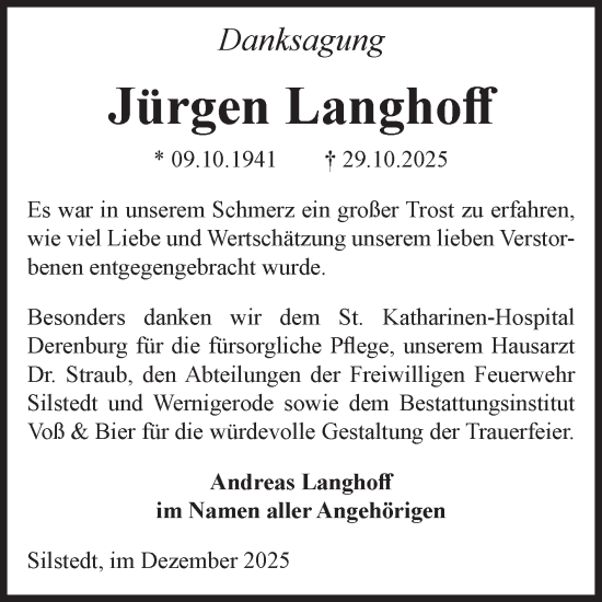 Traueranzeige von Jürgen Langhoff von Volksstimme Wernigerode