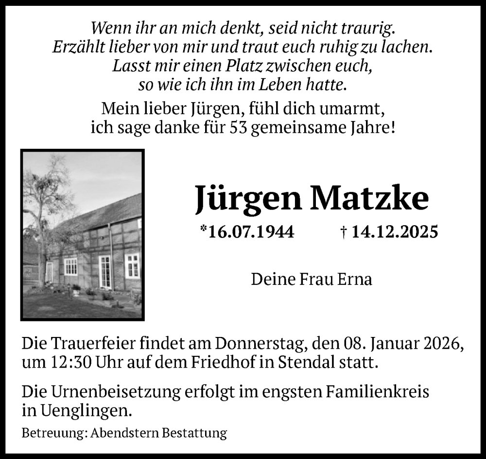  Traueranzeige für Jürgen Matzke vom 27.12.2025 aus Volksstimme Altmark Ost