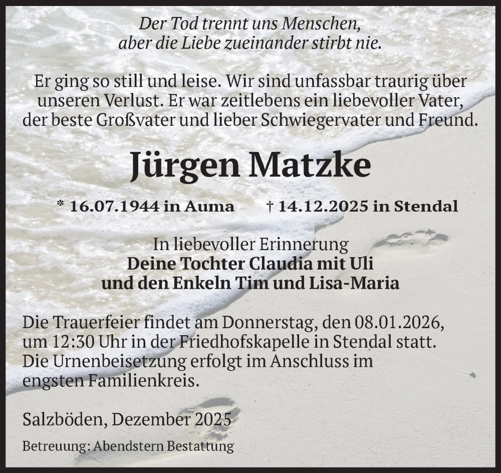  Traueranzeige für Jürgen Matzke vom 27.12.2025 aus Volksstimme Altmark Ost