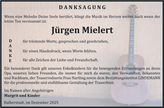 Traueranzeige von Jürgen Mielert von Volksstimme Halberstadt
