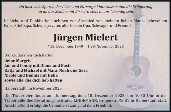 Traueranzeige von Jürgen Mielert von Volksstimme Halberstadt