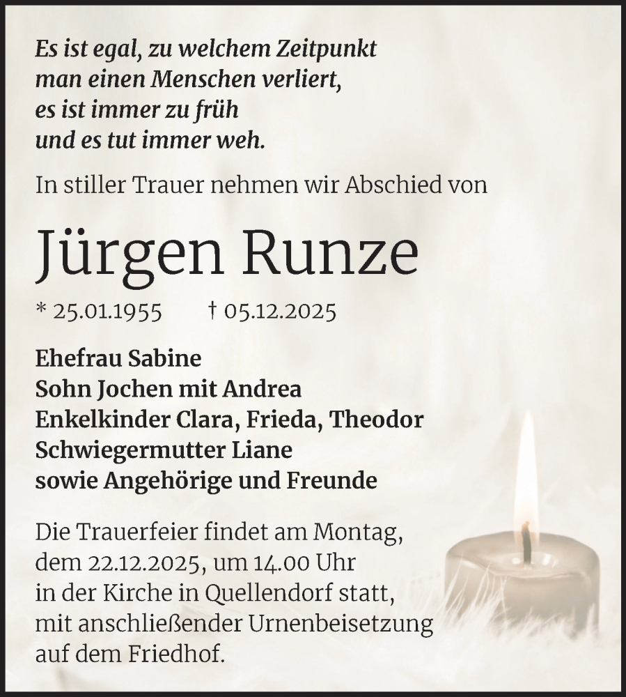  Traueranzeige für Jürgen Runze vom 13.12.2025 aus Trauerkombi Köthen