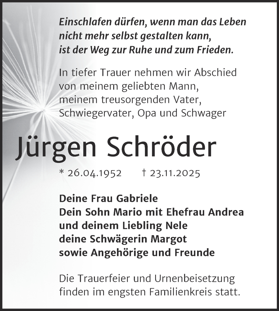  Traueranzeige für Jürgen Schröder vom 28.11.2025 aus Trauerkombi Aschersleben