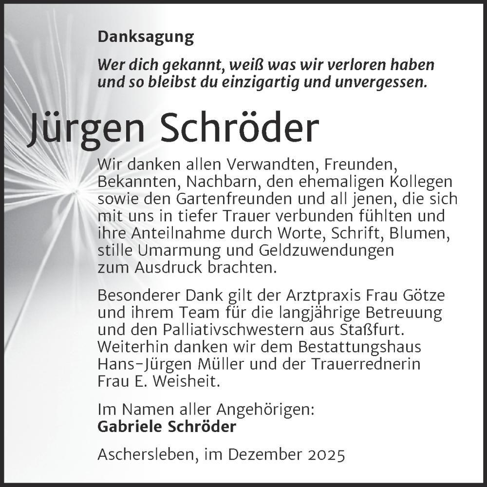  Traueranzeige für Jürgen Schröder vom 27.12.2025 aus Trauerkombi Aschersleben