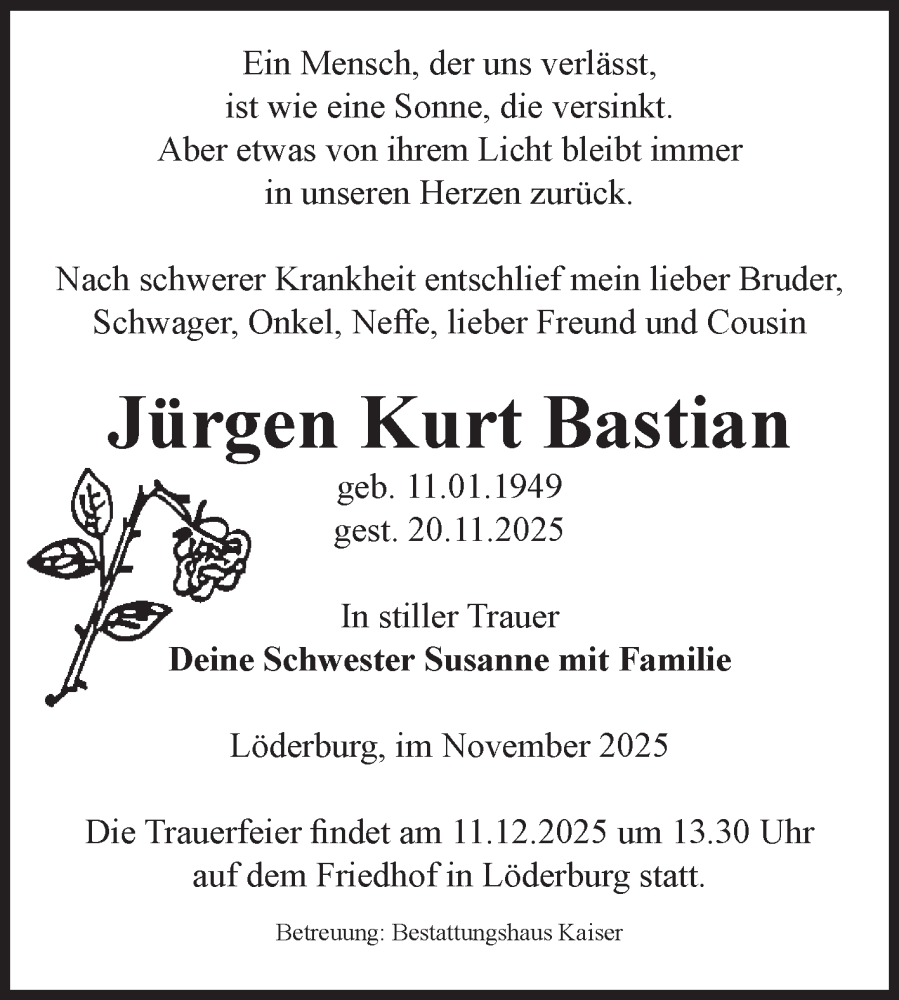  Traueranzeige für Jürgen Kurt Bastian vom 06.12.2025 aus Volksstimme Staßfurt