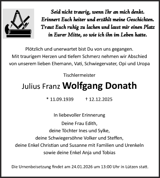 Traueranzeige von Julius Franz Wolfgang Donath von Mitteldeutsche Zeitung Weißenfels
