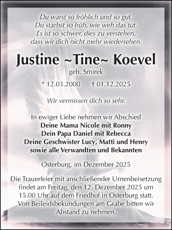 Traueranzeige von Justine Koevel von Volksstimme Altmark Ost