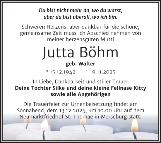 Traueranzeige von Jutta Böhm von Trauerkombi Merseburg
