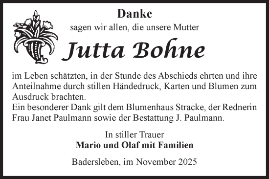 Traueranzeige von Jutta Bohne von Volksstimme Halberstadt