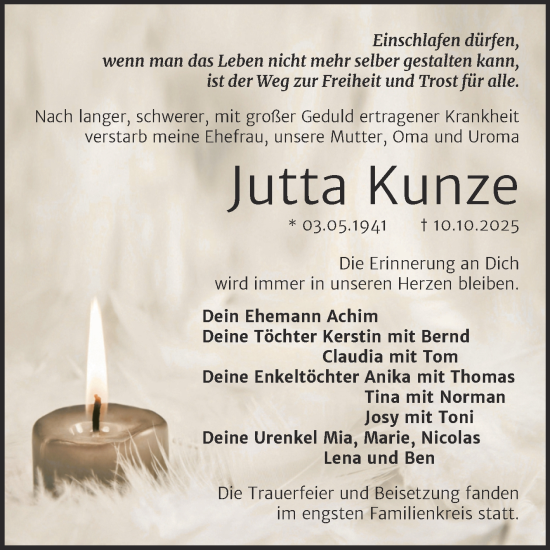 Traueranzeige von Jutta Kunze von Trauerkombi Merseburg