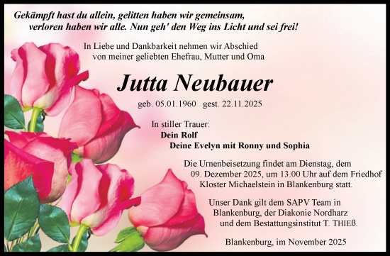 Traueranzeige von Jutta Neubauer von Volksstimme Wernigerode