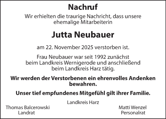 Traueranzeige von Jutta Neubauer von Volksstimme Wernigerode