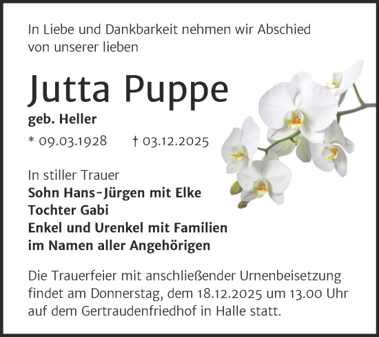 Traueranzeige von Jutta Puppe von Mitteldeutsche Zeitung Halle/Saalkreis