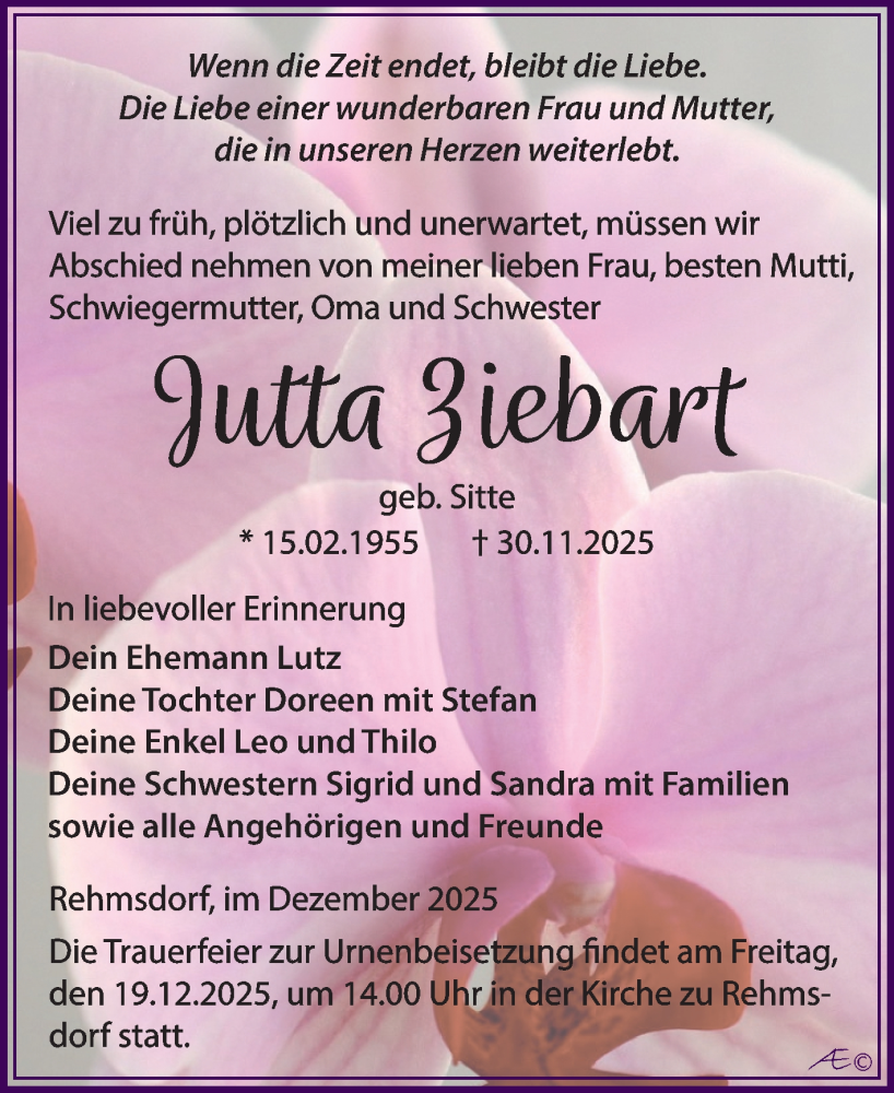  Traueranzeige für Jutta Ziebart vom 13.12.2025 aus Trauerkombi Zeitz