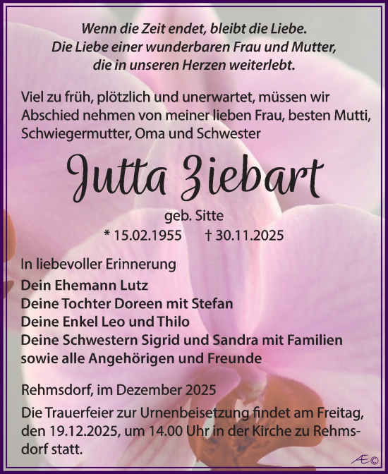 Traueranzeige von Jutta Ziebart von Trauerkombi Zeitz