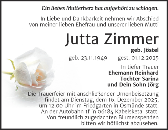 Traueranzeige von Jutta Zimmer von Trauerkombi Merseburg