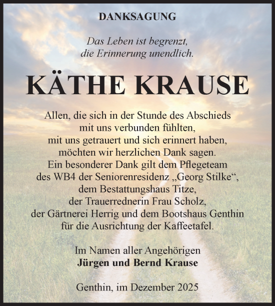 Traueranzeige von Käthe Krause von Volksstimme Burg/Genthin