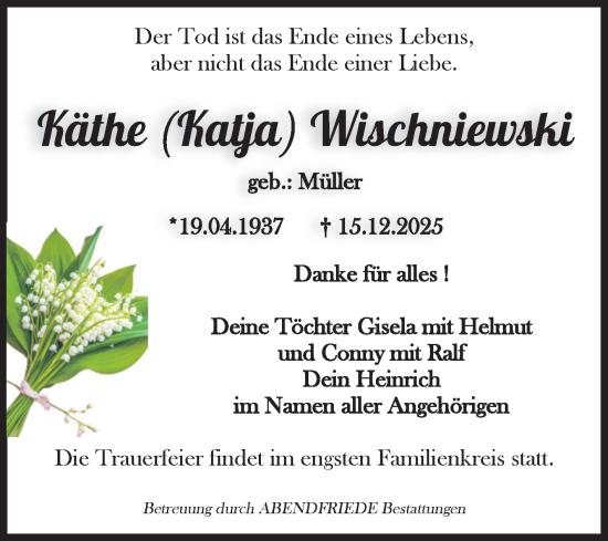 Traueranzeige von Käthe Wischniewski von Volksstimme Haldensleben/Wolmirstedt