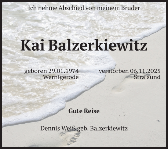 Traueranzeige von Kai Balzerkiewitz von Volksstimme Wernigerode