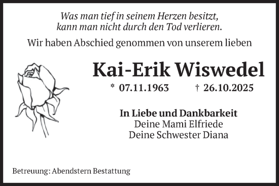 Traueranzeige von Kai-Erik Wiswedel von Volksstimme Altmark Ost
