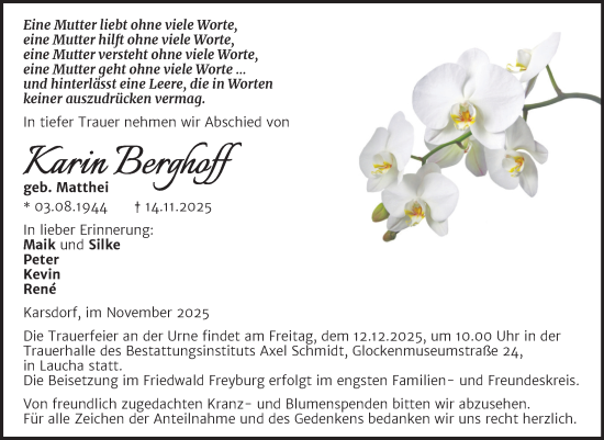 Traueranzeige von Karin Berghoff von Super Sonntag Naumburg/Nebra