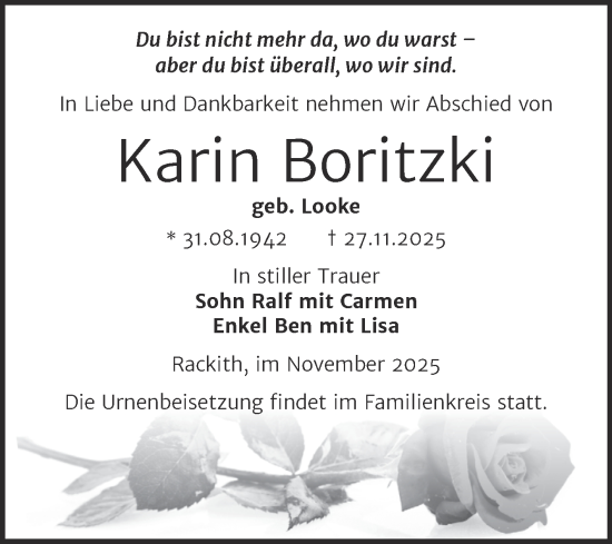 Traueranzeige von Karin Boritzki von Trauerkombi Wittenberg