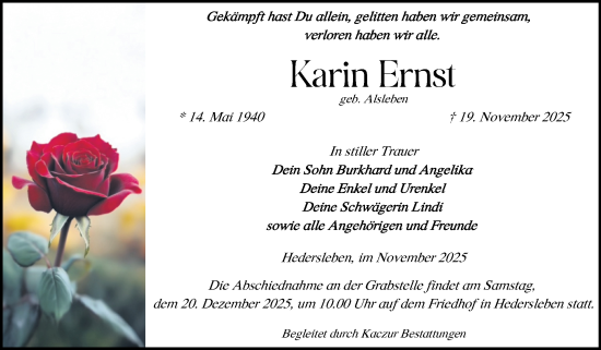 Traueranzeige von Karin Ernst von Trauerkombi Quedlinburg