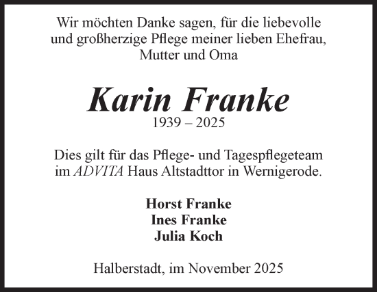 Traueranzeige von Karin Franke von Volksstimme Halberstadt