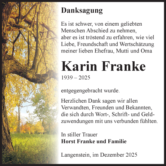 Traueranzeige von Karin Franke von Volksstimme Halberstadt