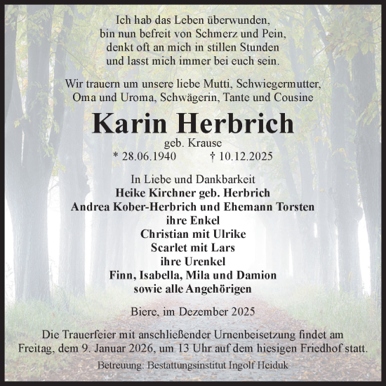 Traueranzeige von Karin Herbrich von Volksstimme Schönebeck
