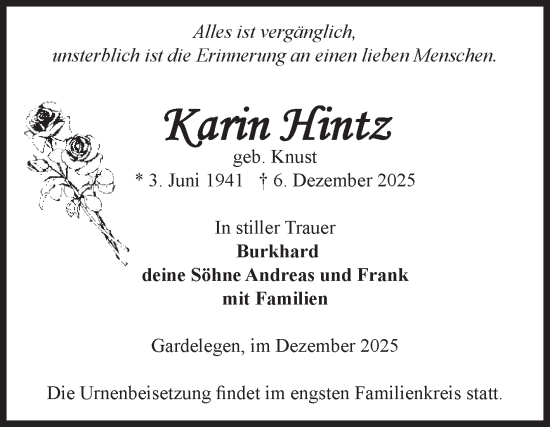 Traueranzeige von Karin Hintz von Volksstimme Altmark West