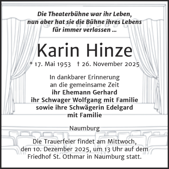 Traueranzeige von Karin Hinze von Naumburger Tageblatt