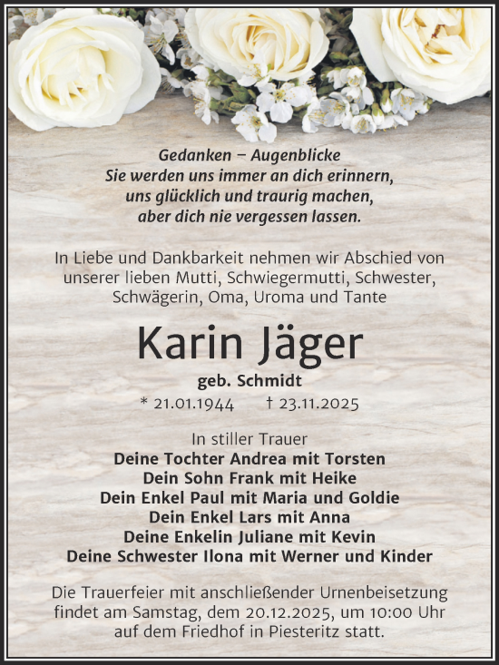 Traueranzeige von Karin Jäger von Trauerkombi Wittenberg