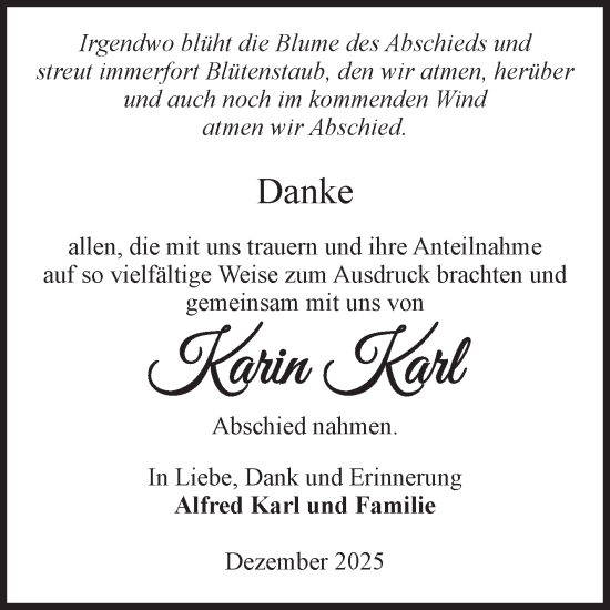 Traueranzeige von Karin Karl von Volksstimme Magdeburg
