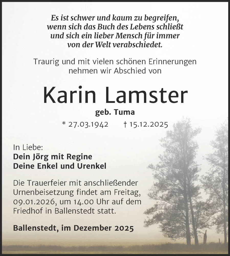  Traueranzeige für Karin Lamster vom 27.12.2025 aus Trauerkombi Quedlinburg