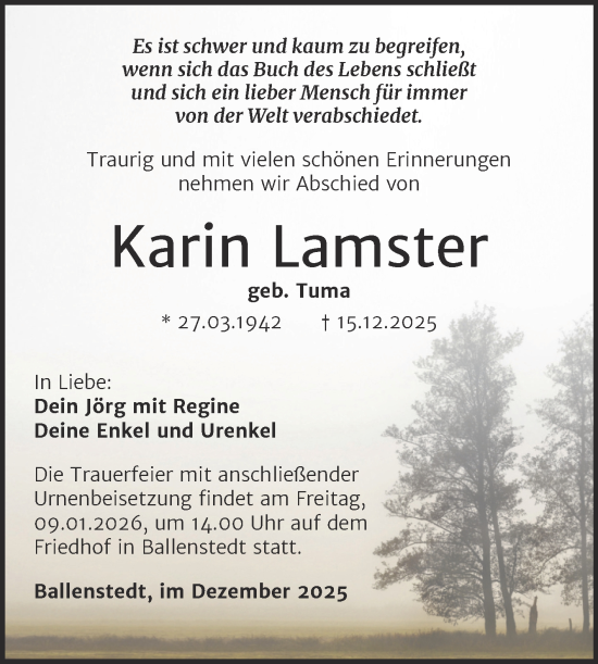 Traueranzeige von Karin Lamster von Trauerkombi Quedlinburg