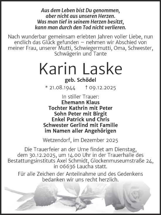 Traueranzeige von Karin Laske von Super Sonntag Naumburg/Nebra