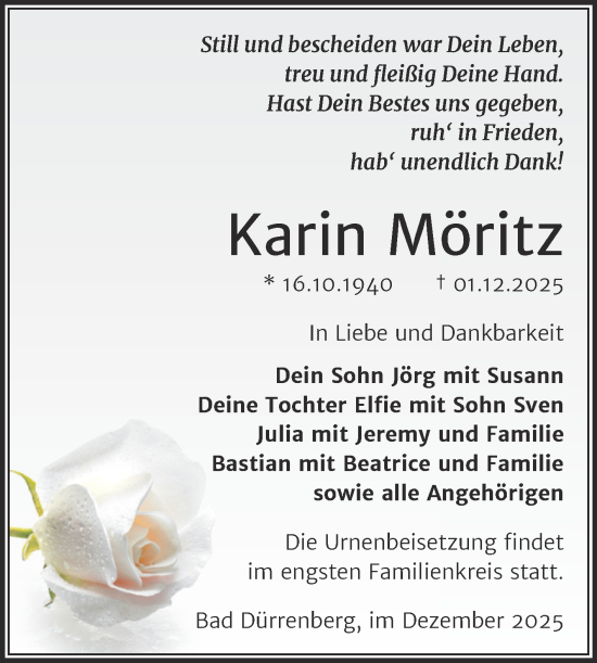 Traueranzeige von Karin Möritz von Trauerkombi Merseburg